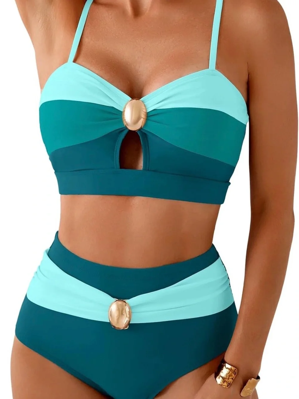 Colorblock Teal & Aqua High-Waist Bikini Set